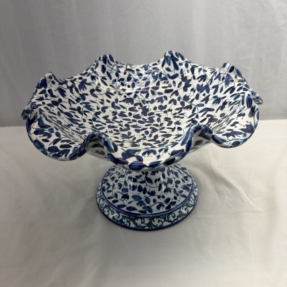 Pedestal Dish White China with Blue Lotus Flower and Leaves